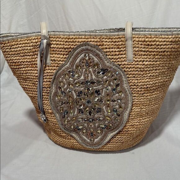 Brighton Embellished Tan Woven Tote Bag - Picture 1 of 10